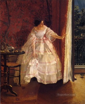Alfred Stevens Painting - Lady at a Window Feeding Birds lady Belgian painter Alfred Stevens